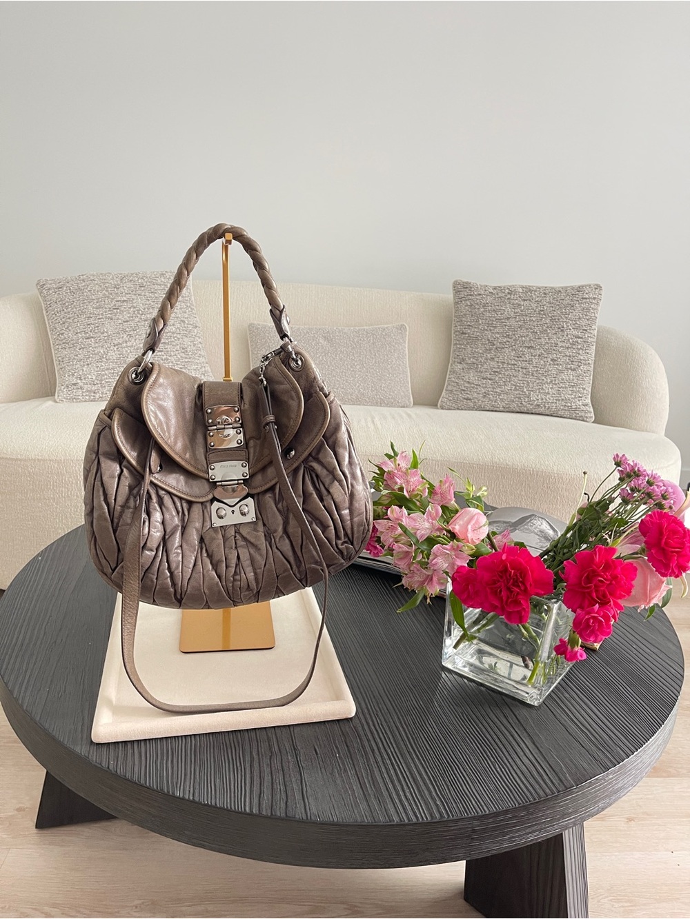 Miu Miu Vintage Matelassé Leather Coffer Satchel Bag Taupe Mushroom $1695